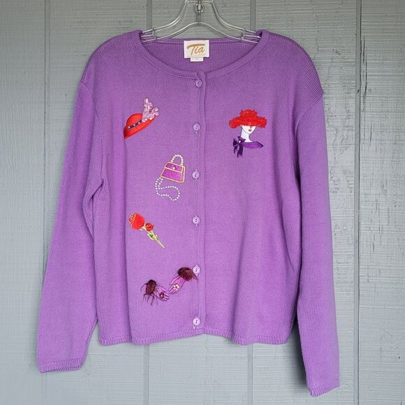 Tia Designs Vintage 90s Women's Red Hat Society Cardigan Sweater. Size L - Picture 1 of 4